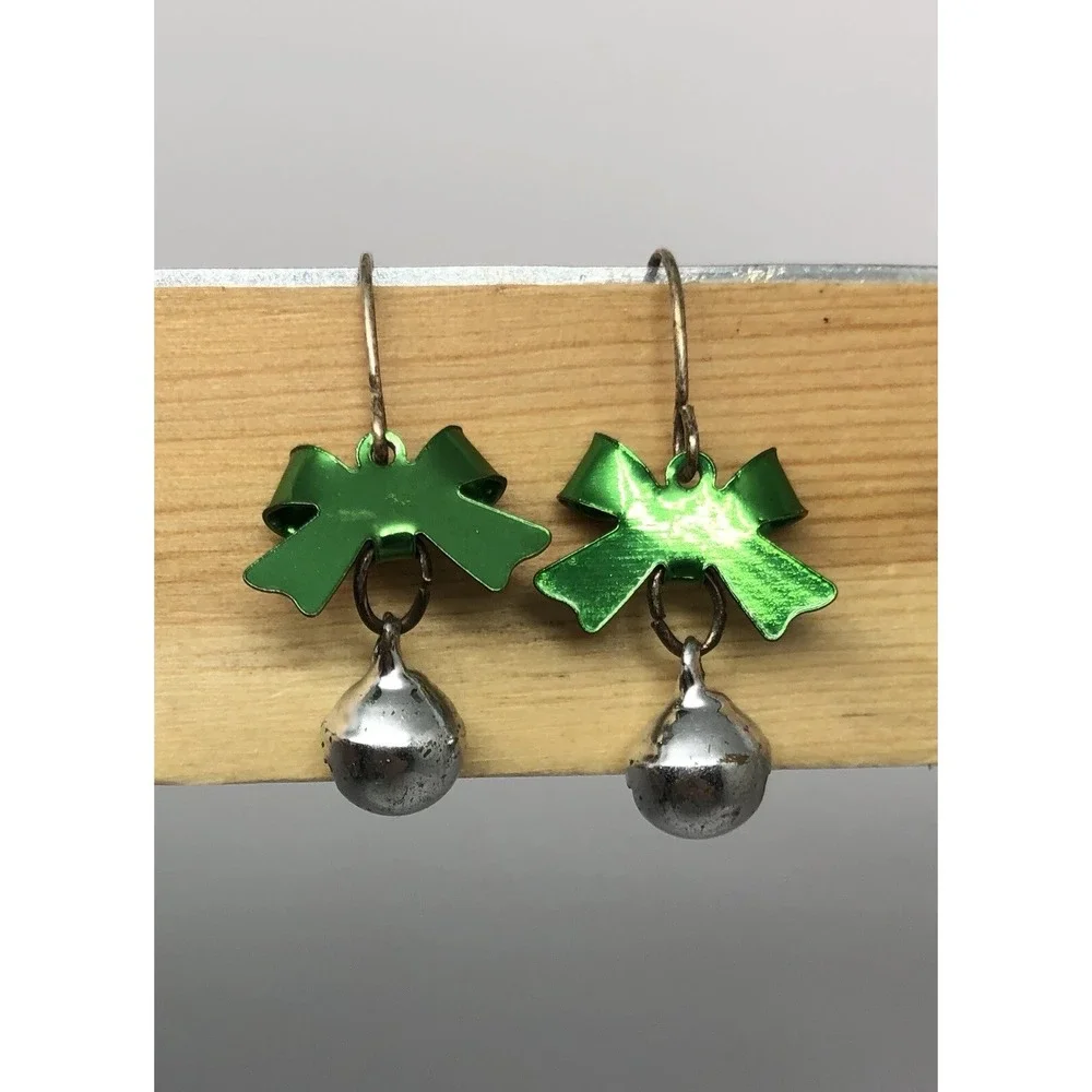 CHRISTMAS SILVER JINGLE BELLS, GREEN BOW FISH‎ HOOK BACK EARRINGS-SIZE SMALL